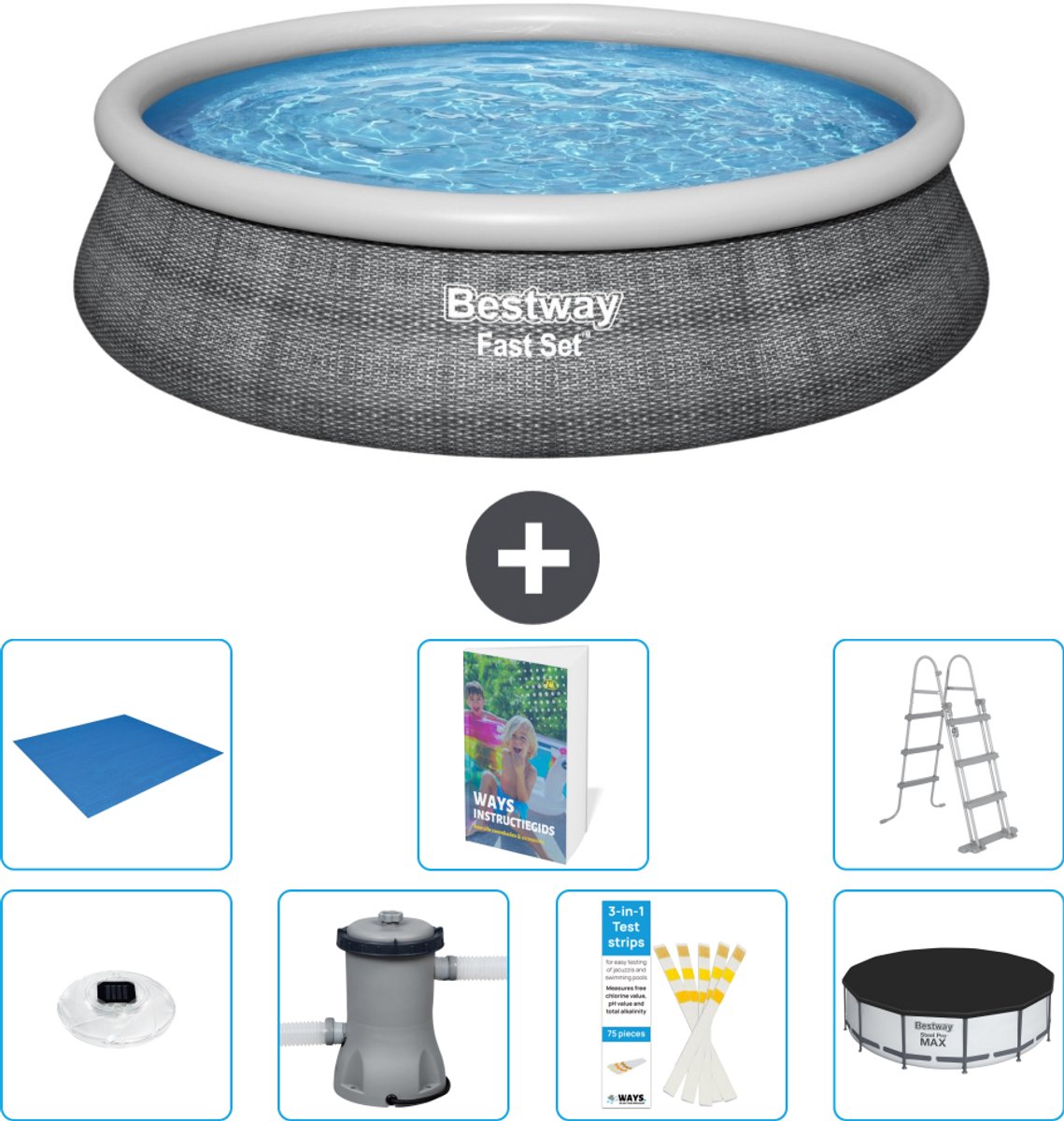 Bestway Rond Opblaasbaar Fast Set Zwembad - Rotanprint - 457 x 107 cm - Inclusief Pomp - Ladder - Afdekzeil - Grondzeil - Verlichting - 8-delig