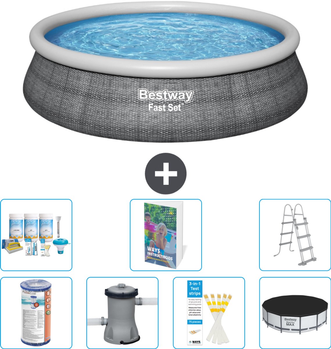Bestway Rond Opblaasbaar Fast Set Zwembad - Rotanprint - 457 x 107 cm - Inclusief Pomp - Ladder - Afdekzeil - Onderhoudspakket - Filter - 8-delig