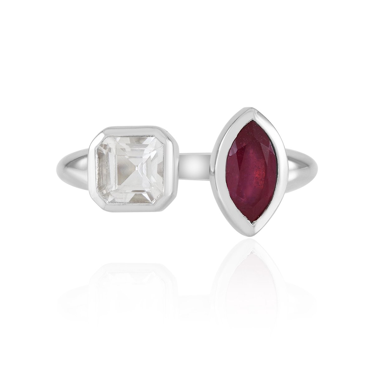 Cavill - 925 Sterling Zilver Ring - Platina Geplateerd - Madagaskar Robijn 0,65 ct Marquise & Witte Topaas 0,88 ct Asscher - Modern Elegant
