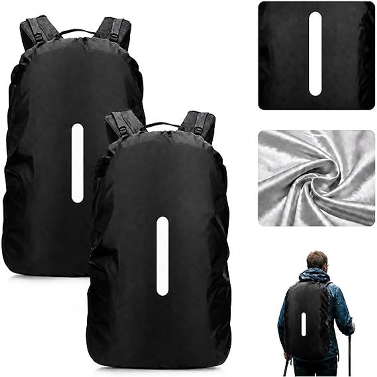 KZQ 2-delige waterdichte rugzakhoes L 55-65 liter - Reflecterende regenhoes voor school fiets en outdoor - Beschermt tegen regen stof en diefstal - Zwart