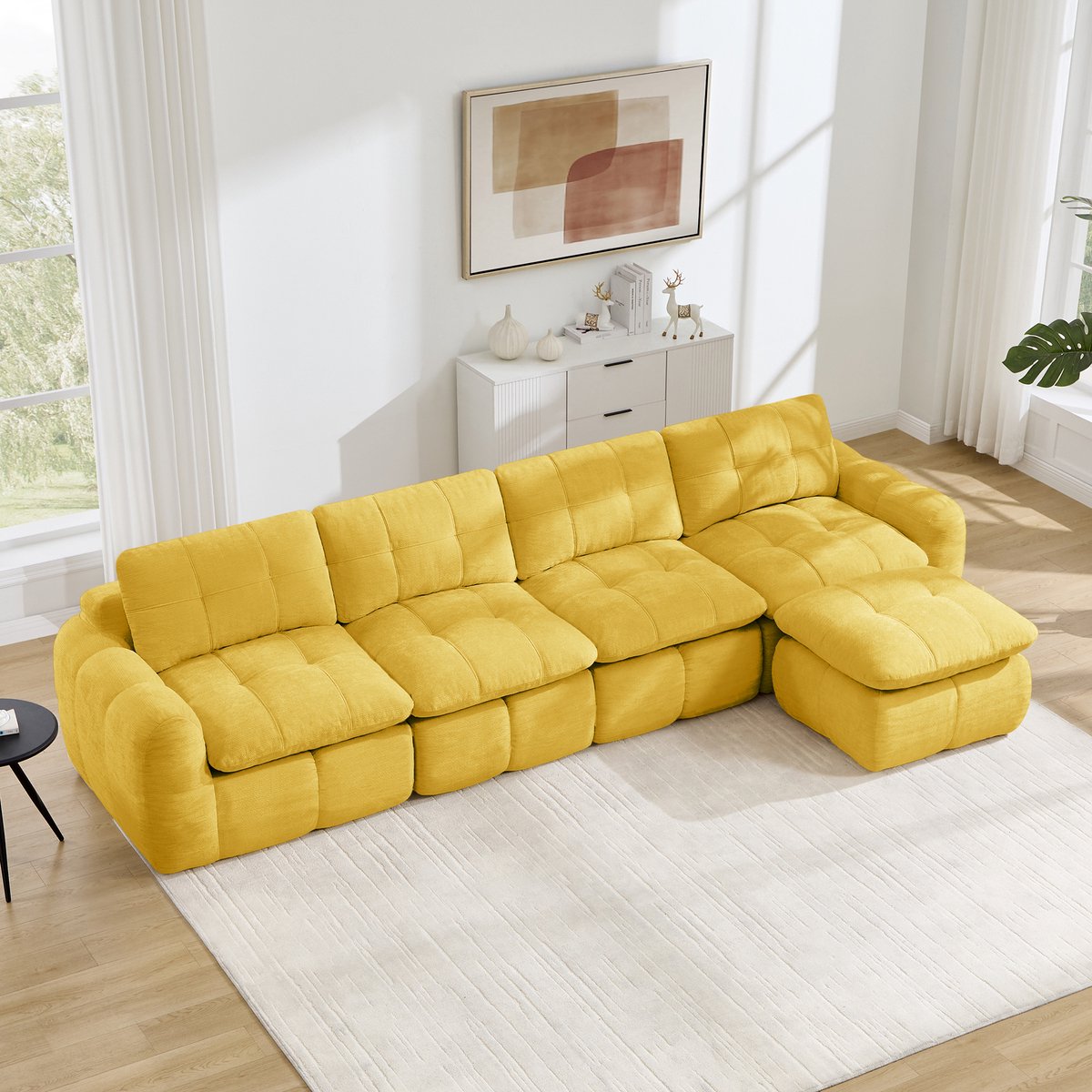 Moderne Hoekbank, L-Bank, 4-Zits bank, 4-Zits L-Vormige, Frameloze Modulaire Bank Met Ruitvormig Stikselpatroon, Chenille Bekleding, Brede En Diepe Zitplaatsen, Vrij Verplaatsbaar, Montagevrij,Geel