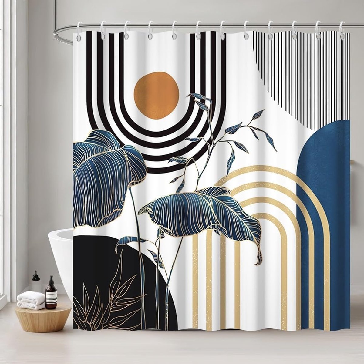 SnelShoppen - Milieu-vriendelijke Douchestang, Schimmelbestendig, Douchescherm 180 x 200 cm, Tropisch Terracotta, Palmbladeren Jungle Blauw, Abstract
