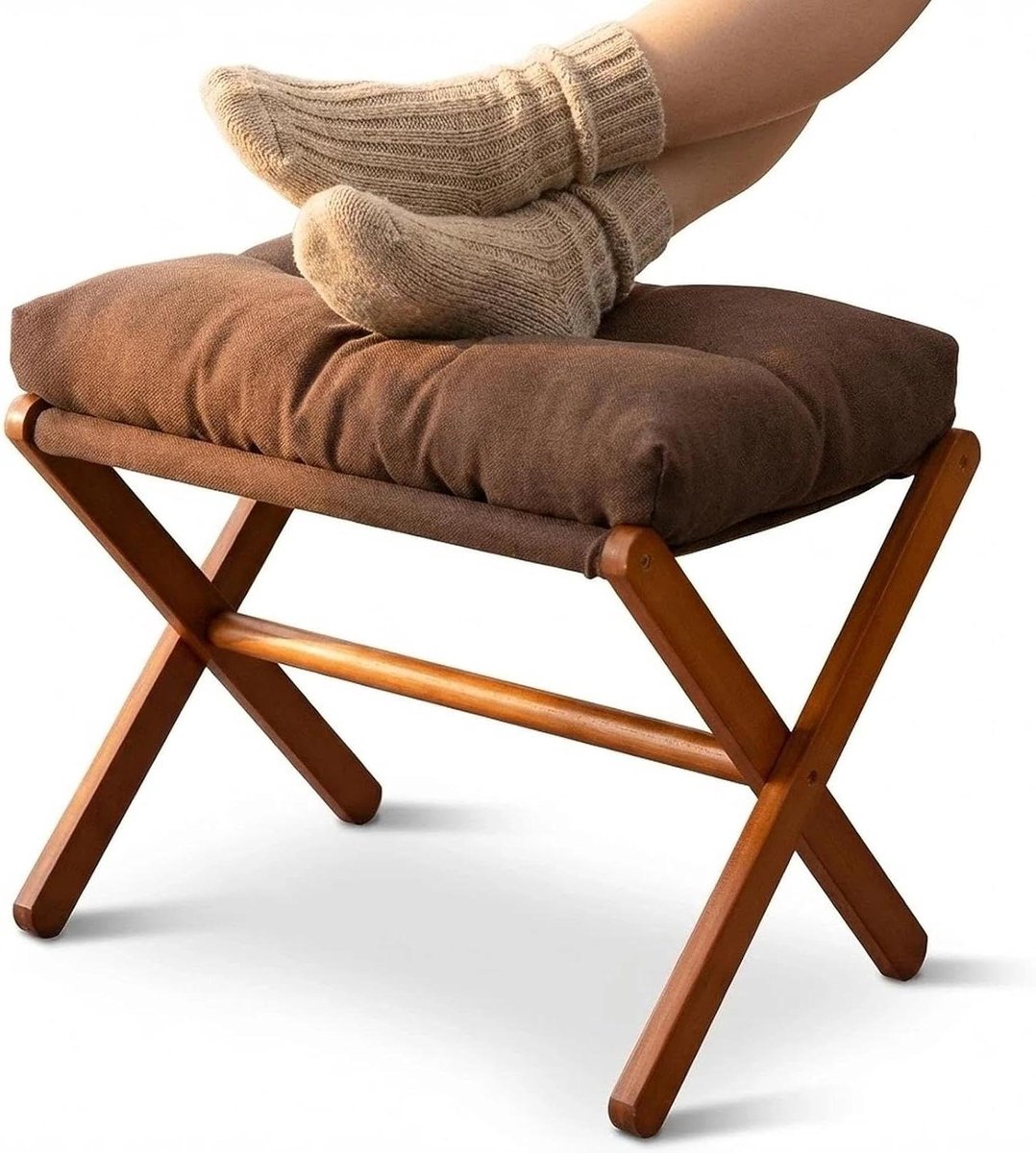 Opvouwbare Voetenbank - Ottomaanse Kruk - Ontspannen Benen - Natuurlijk Bamboe Frame - 36 cm Hoog - Bruin