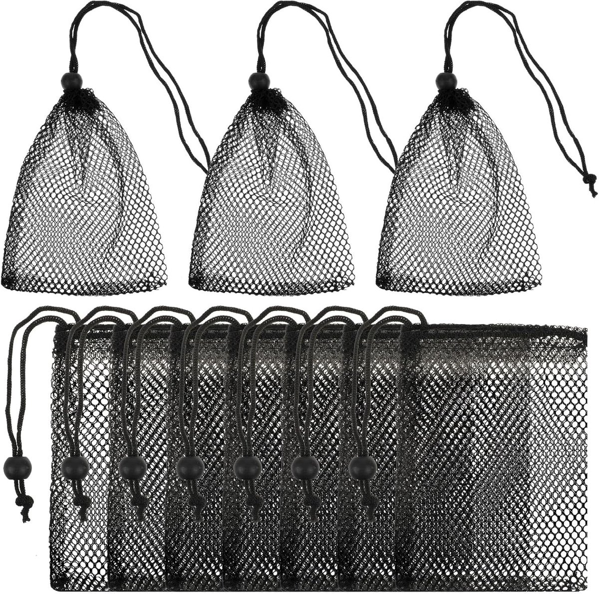 Set van 10 Zwarte Mesh Tassen met Trekkoord, Ideaal voor Kleine Spullen zoals Oordopjes en Accessoires (15 x 10 cm)