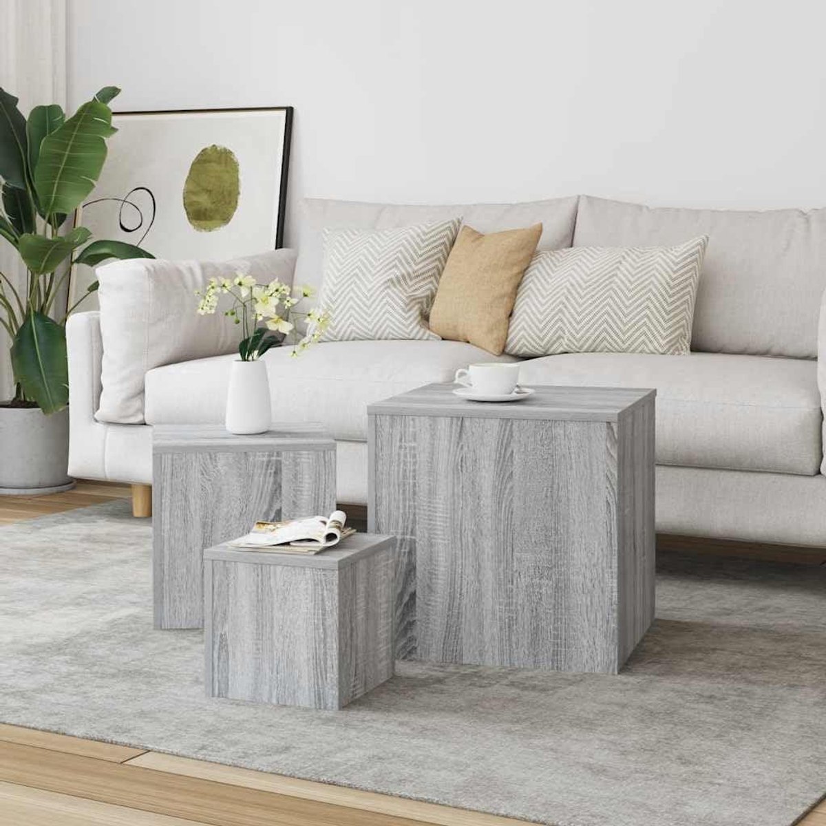 Bijzettafels Set - Salontafels Hout - Woonkamer Decoratie - Glad Oppervlak - 3 stuks 45cm - Grijs Sonoma