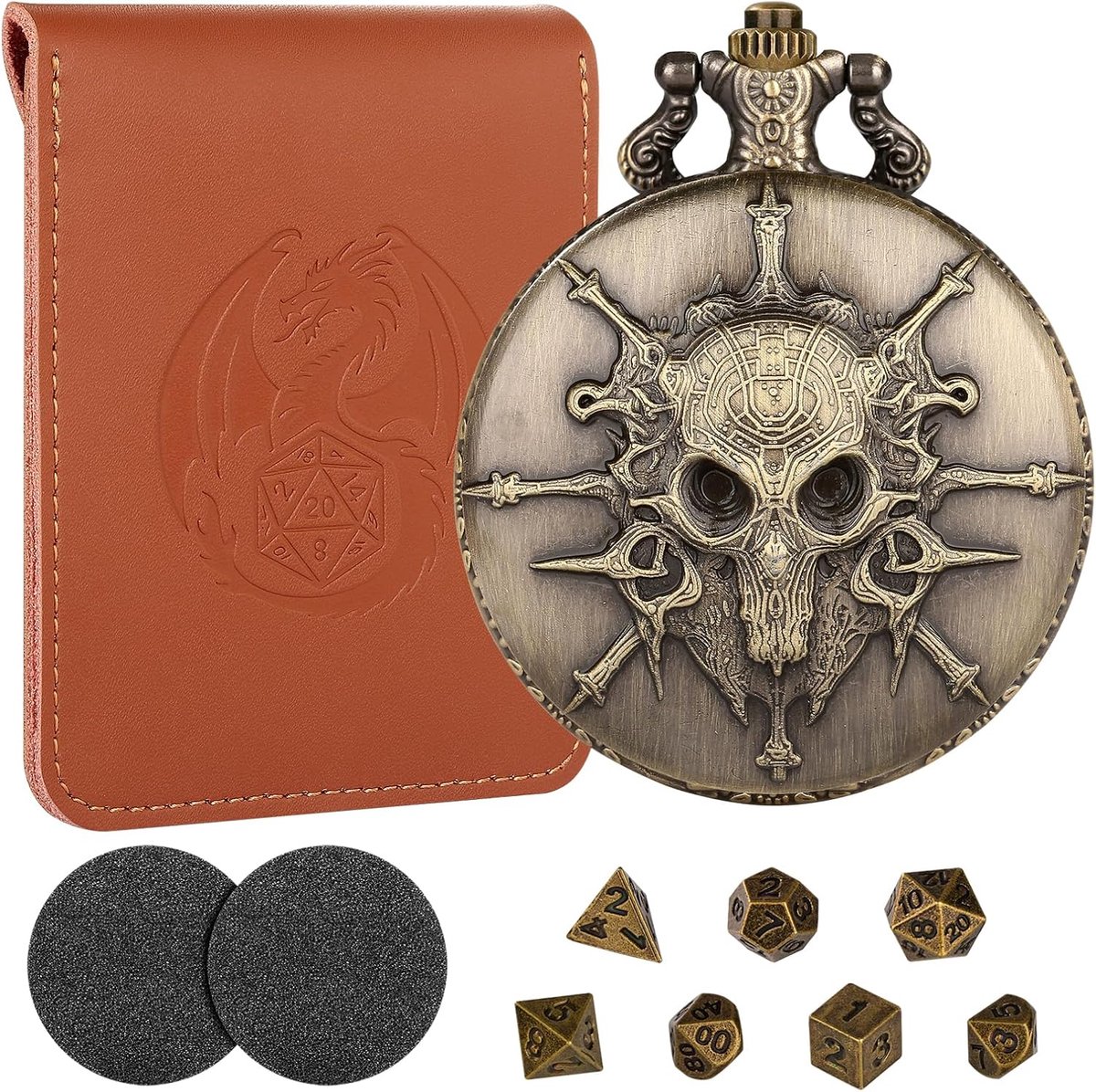 SnelShoppen - Mini DND Dobbelstenen Set met Bronzen Steampunk Warlock Zakhorloge, 7 delige Polyhedrale Metaal D&D Dobbelstenen Set met Dobbelzak, DND