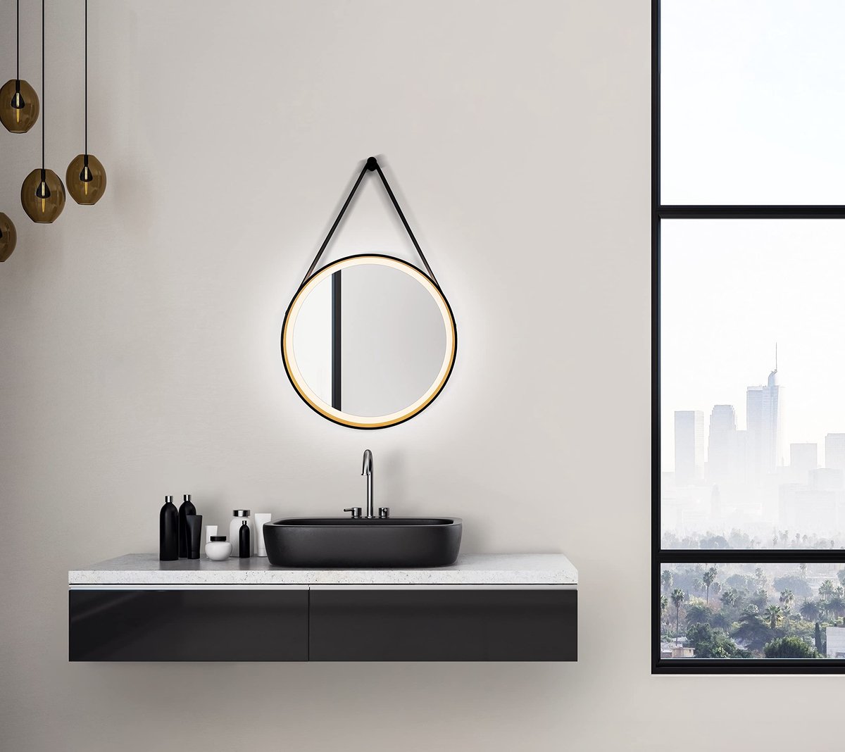 SnelShoppen - Talos Golden Summer Ronde Badkamerspiegel Ø 55 cm met Verlichting - Hoogwaardig Aluminium Frame in Zwart/Goud - Neutraal Wit Licht voor