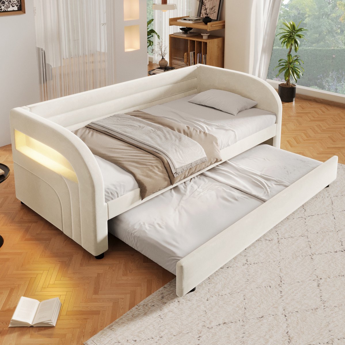 FloraGrace Bed 90x200 cm – Eenpersoons Platformbed met LED-Verlichting en Uitschuifbed – Met Lattenbodem – Zonder Matras – Stof MDF – Beige
