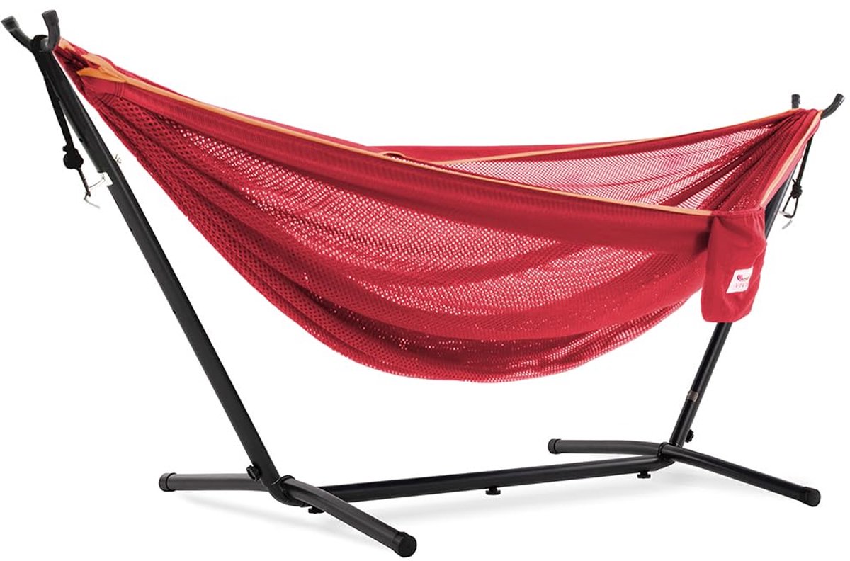 SnelShoppen - Hangmat van netstof met standaard 280 cm - Lichte draagbare hangmat in Punch/Peach voor tuin, camping, feesten en ontspanning