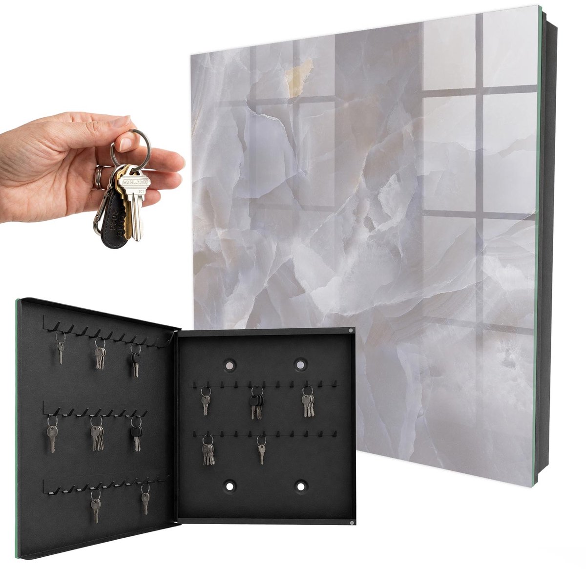 WallMuralia - Sleutelkast - 30x30x5 cm - met 50 haken - Grijze Elegantie Design Sleutelkastje - Grijs Sleutelbox - Linksopenend - Zwart interieur