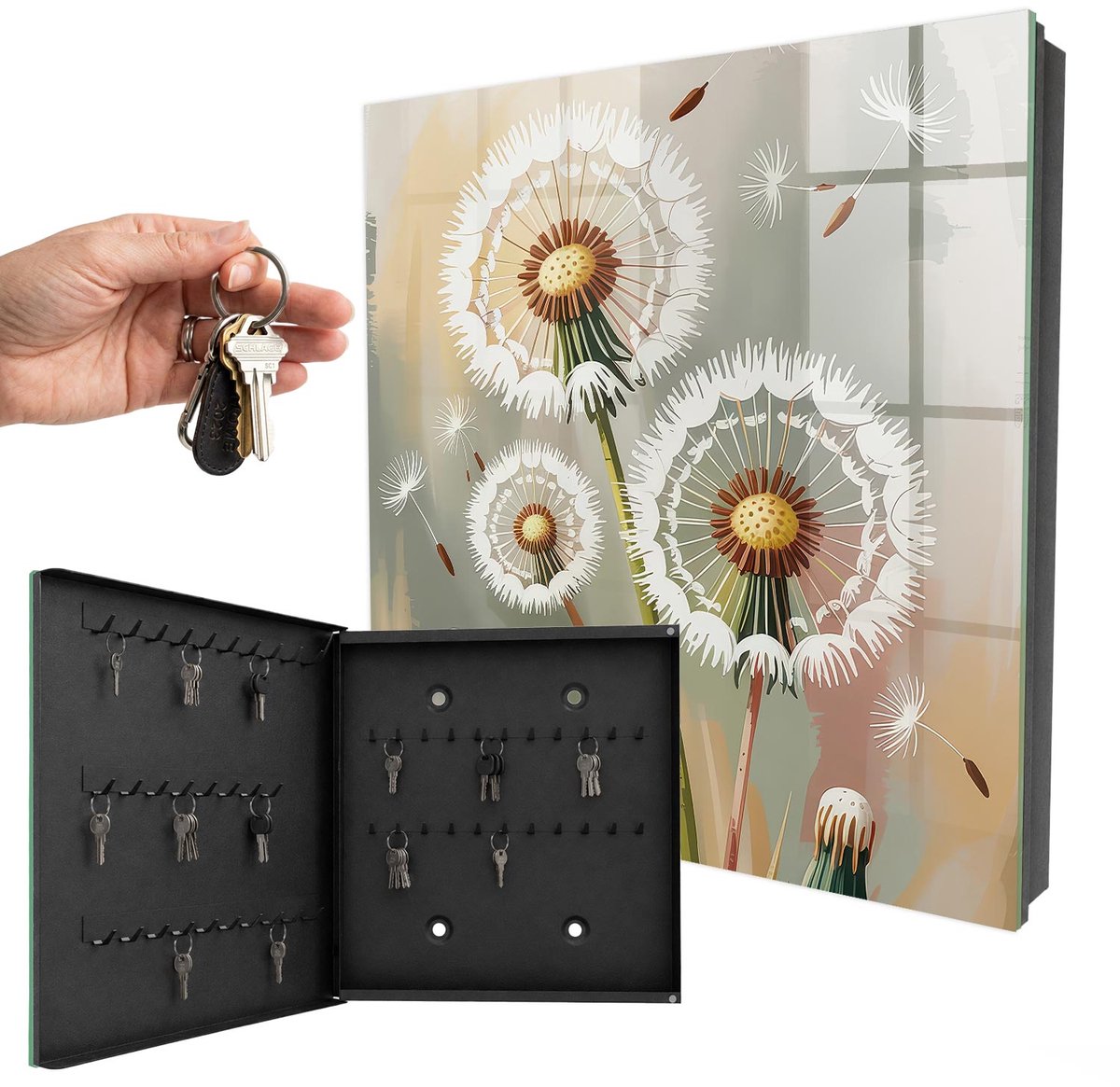WallMuralia - Sleutelkast - 30x30x5 cm - met 50 haken - Tere Paardenbloemen Sleutelkastje Klein - Grijs Sleutelbox - Linksopenend - Zwart interieur