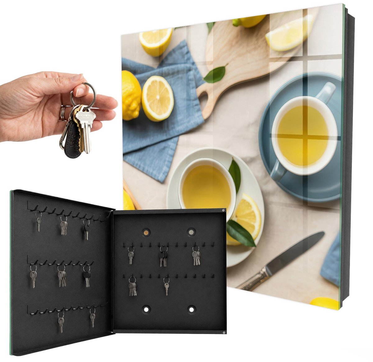 WallMuralia - Sleutelkast - 30x30x5 cm - met 50 haken - Citroenochtend Sleutelkastje Landelijk - Geel Sleutelbox - Linksopenend - Zwart interieur