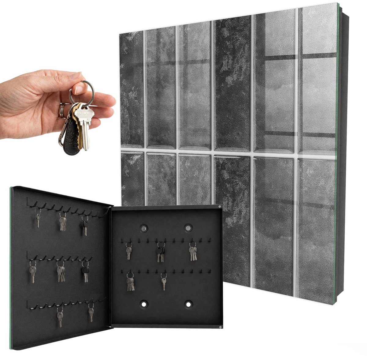 WallMuralia - Sleutelkast - 30x30x5 cm - met 50 haken - Grijze Tegels Sleutelkastje Design - Grijs Sleutelbox - Linksopenend - Zwart interieur