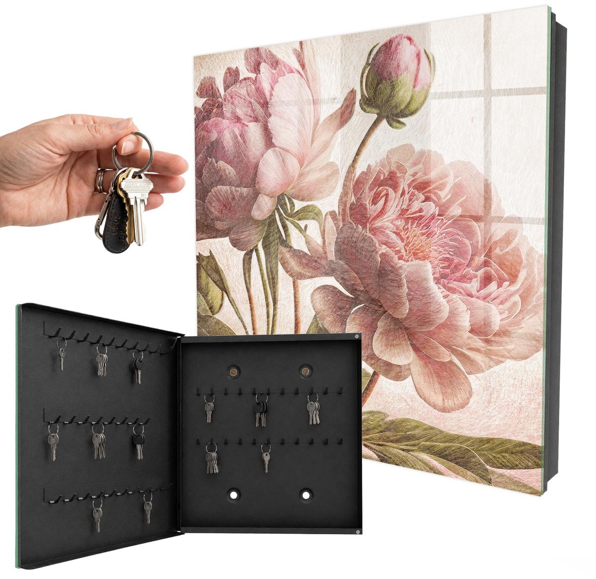 WallMuralia - Sleutelkast - 30x30x5 cm - met 50 haken - Romantische Plantkunde Sleutelkastje Design - Roze Sleutelbox - Linksopenend - Zwart interieur