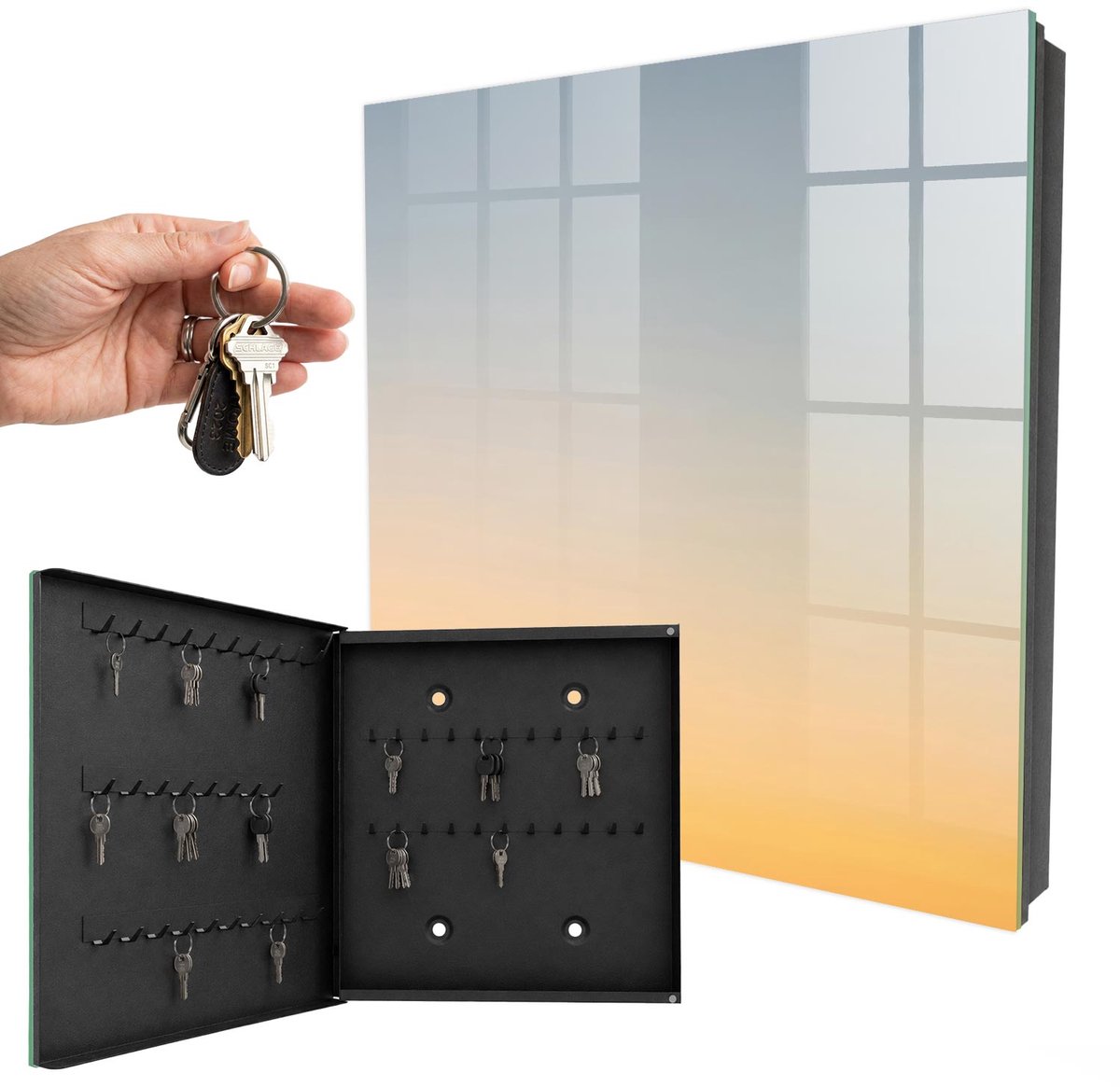 WallMuralia - Sleutelkast - 30x30x5 cm - met 50 haken - Pastel Oost Sleutelkastje Modern - Geel Sleutelbox - Linksopenend - Zwart interieur