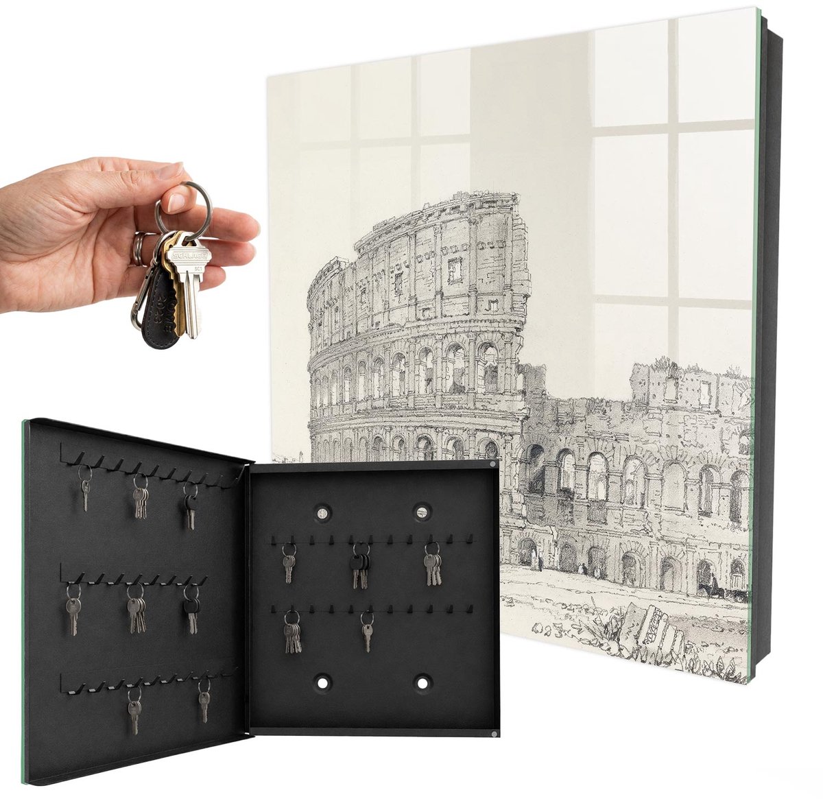 WallMuralia - Sleutelkast - 30x30x5 cm - met 50 haken - Oud Amfitheater Sleutelkastje Muur - Grijs Sleutelbox - Linksopenend - Zwart interieur
