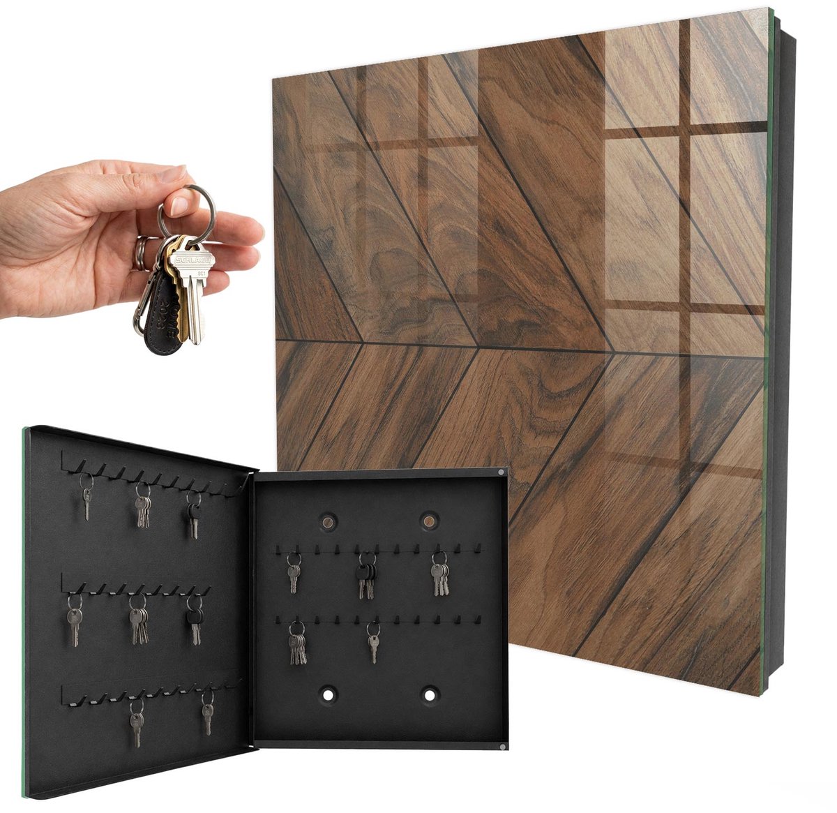 WallMuralia - Sleutelkast - 30x30x5 cm - met 50 haken - Houten Visgraatmotief Sleutelkastje Voor Binnen - Bruin Sleutelbox - Linksopenend - Zwart interieur