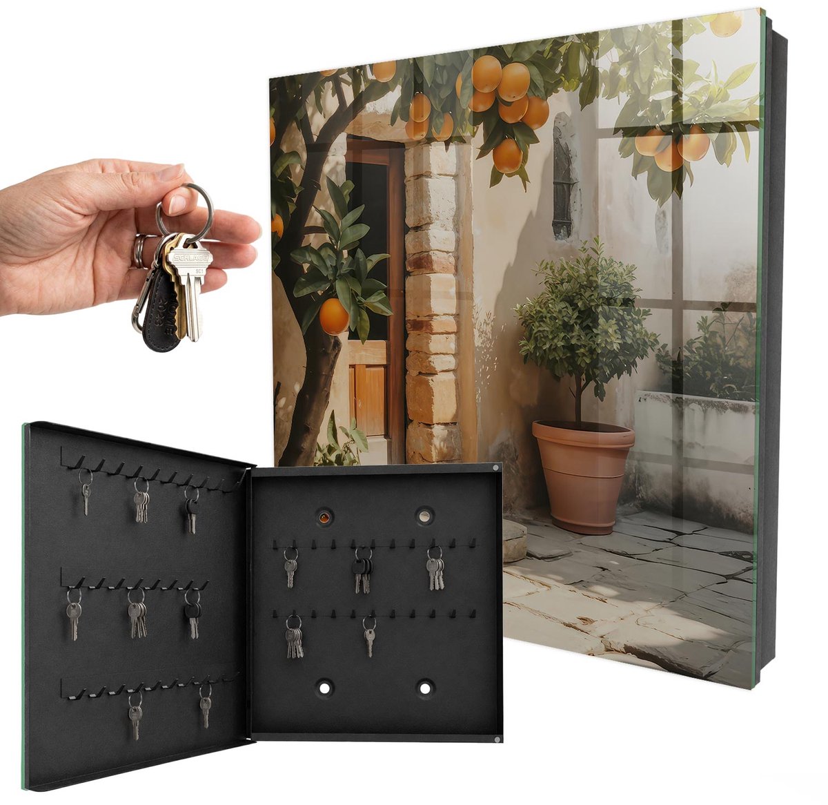 WallMuralia - Sleutelkast - 30x30x5 cm - met 50 haken - Sinaasappeltuin Design Sleutelkastje - Oranje Sleutelbox - Linksopenend - Zwart interieur