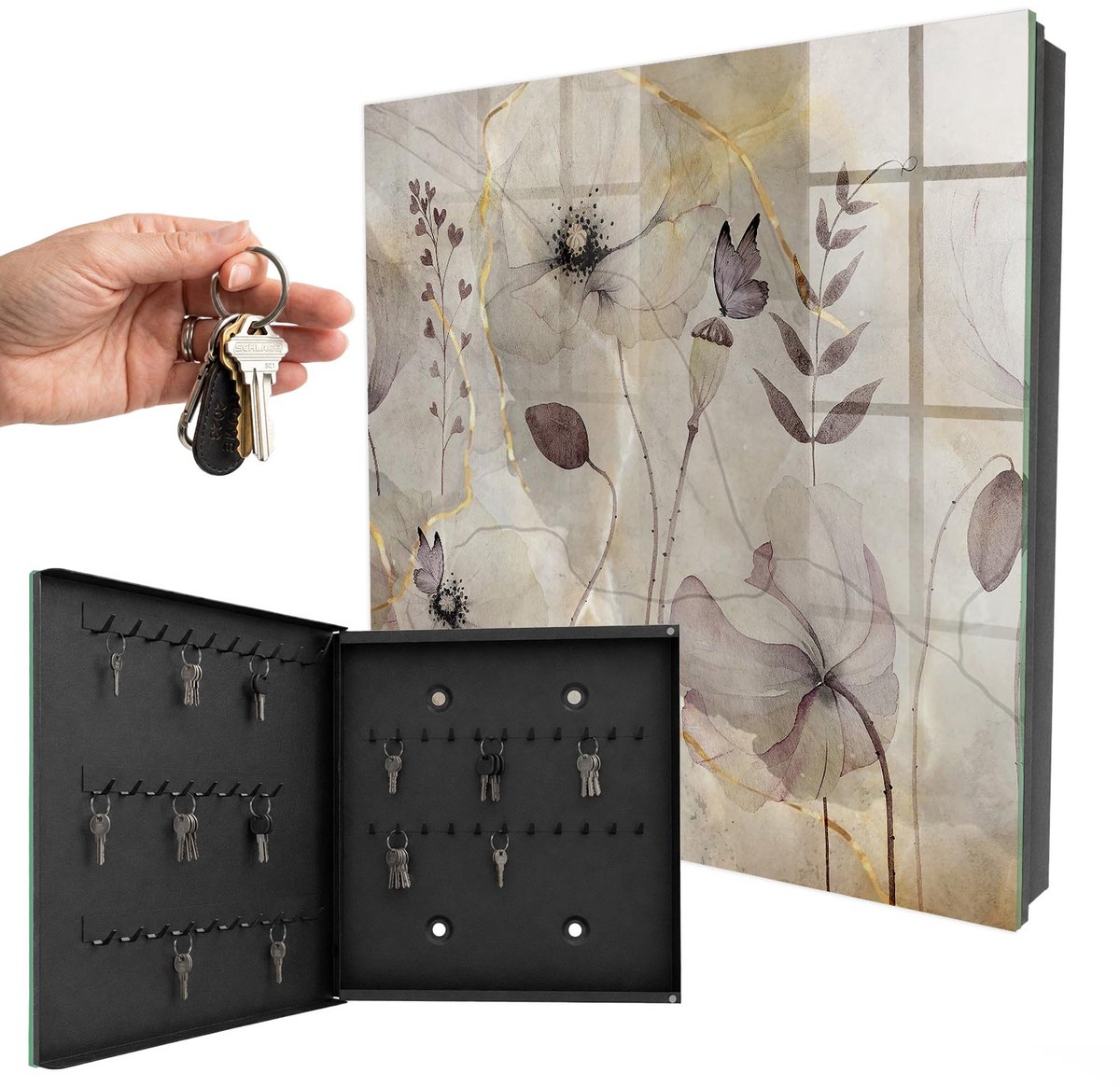 WallMuralia - Sleutelkast - 30x30x5 cm - met 50 haken - Delicate Flora Groot Sleutelkastje - Grijs Sleutelbox - Linksopenend - Zwart interieur