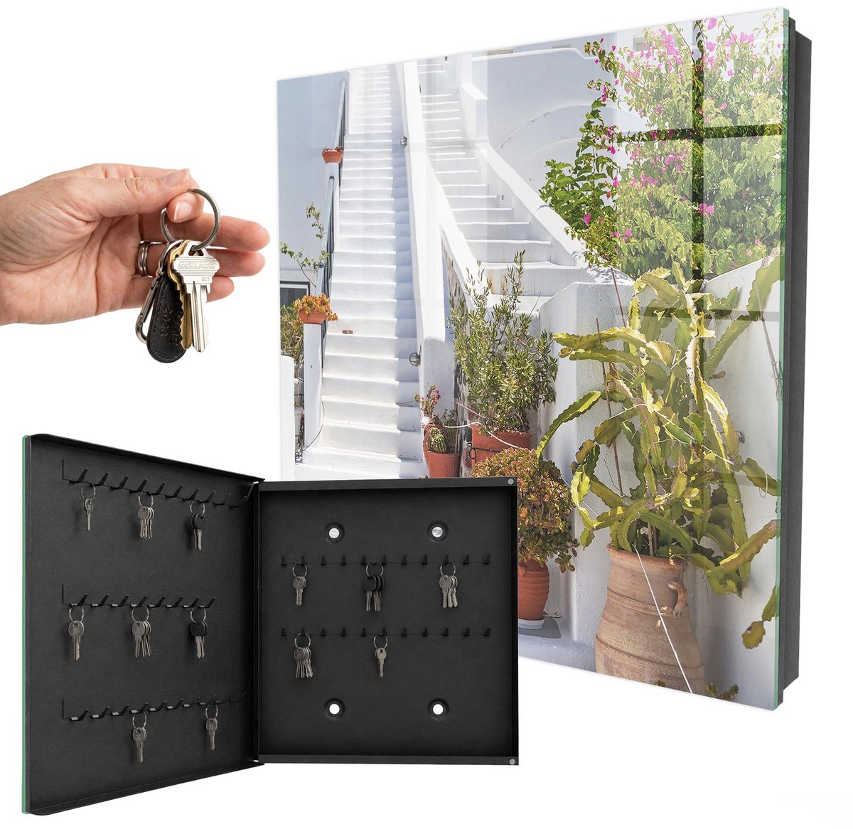 WallMuralia - Sleutelkast - 30x30x5 cm - met 50 haken - Trappen Met Planten Sleutelkastje Muur - Wit Sleutelbox - Linksopenend - Zwart interieur