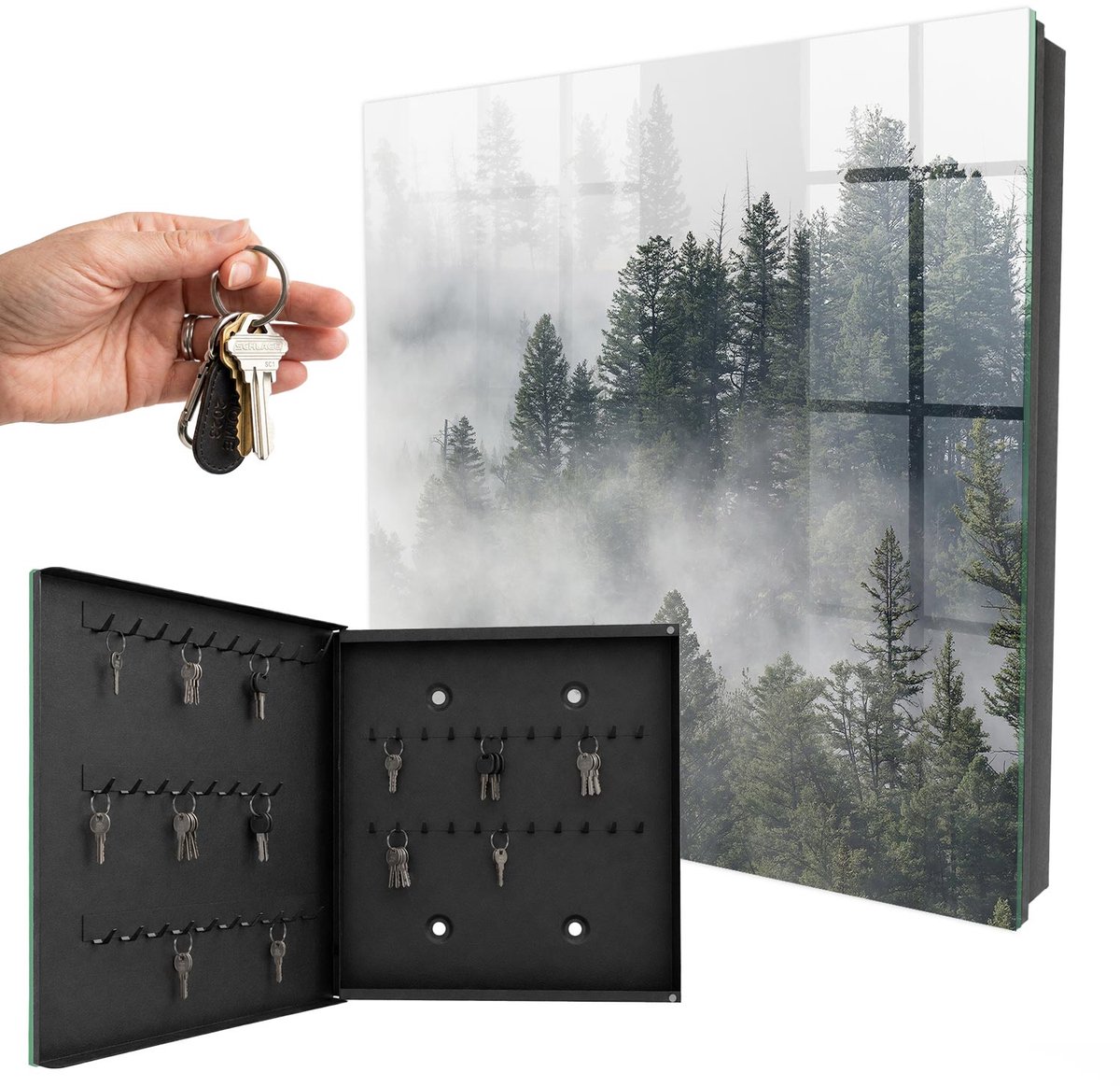 WallMuralia - Sleutelkast - 30x30x5 cm - met 50 haken - Nevelbos Sleutelkastje Design - Grijs Sleutelbox - Linksopenend - Zwart interieur