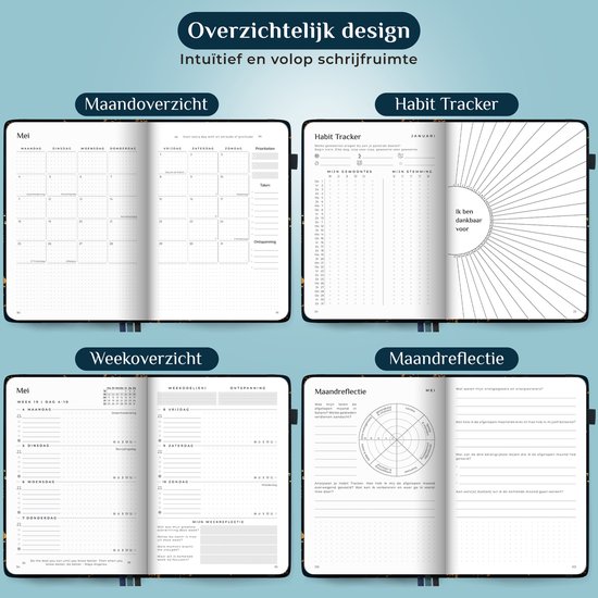Open agenda met maandoverzicht, habit tracker, weekoverzicht en maandreflectie.