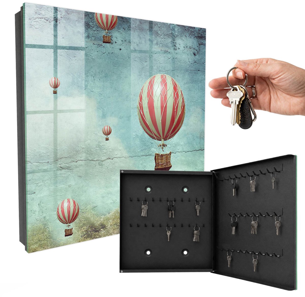 WallMuralia - Sleutelkast - 30x30x5 cm - met 50 haken - Luchtdromen Sleutelkastje Voor Binnen - Blauw Sleutelbox - Rechtsopenend - Zwart interieur