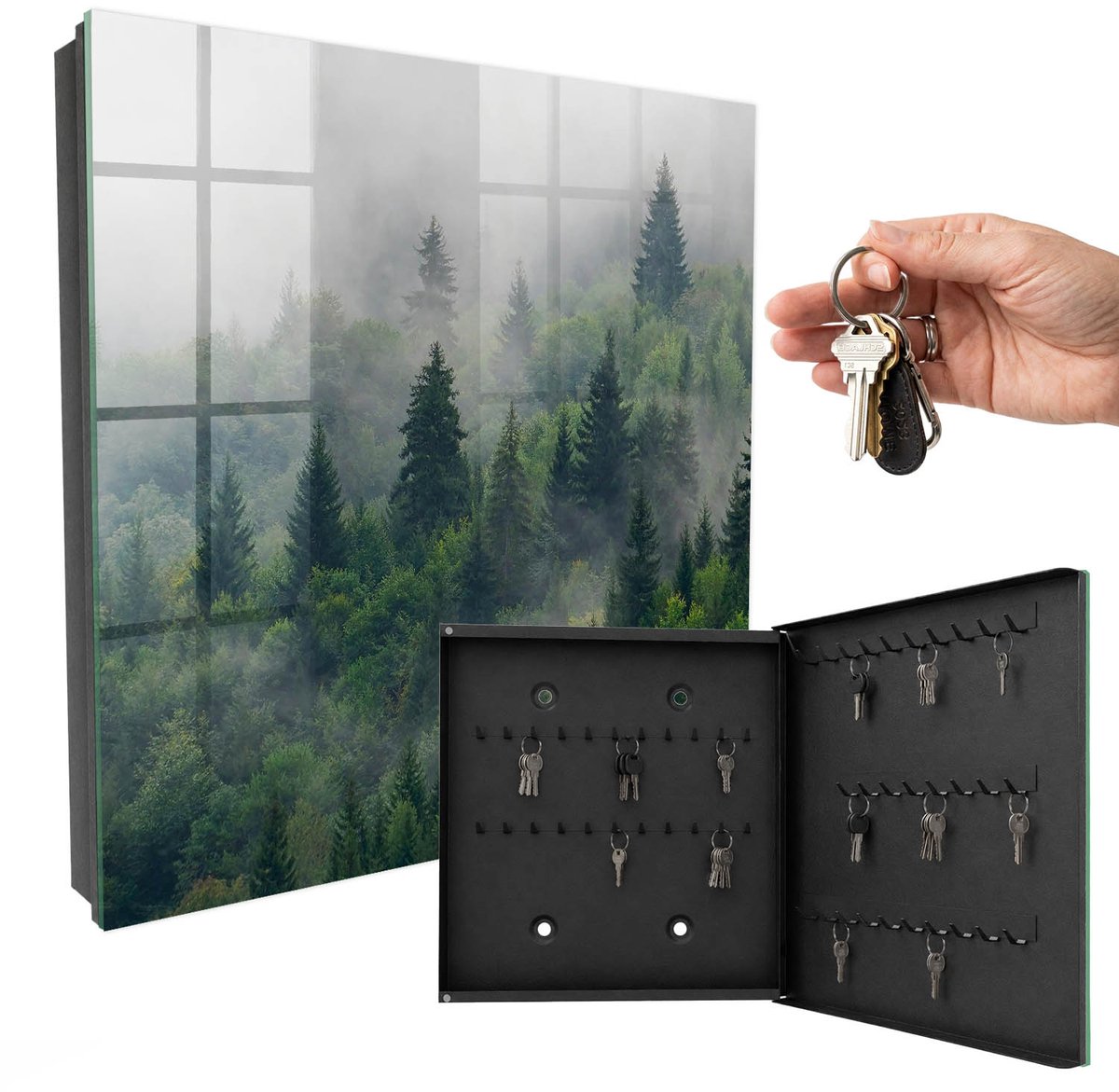 WallMuralia - Sleutelkast - 30x30x5 cm - met 50 haken - Nevelbos Sleutelkastje Huis - Groente Sleutelbox - Rechtsopenend - Zwart interieur