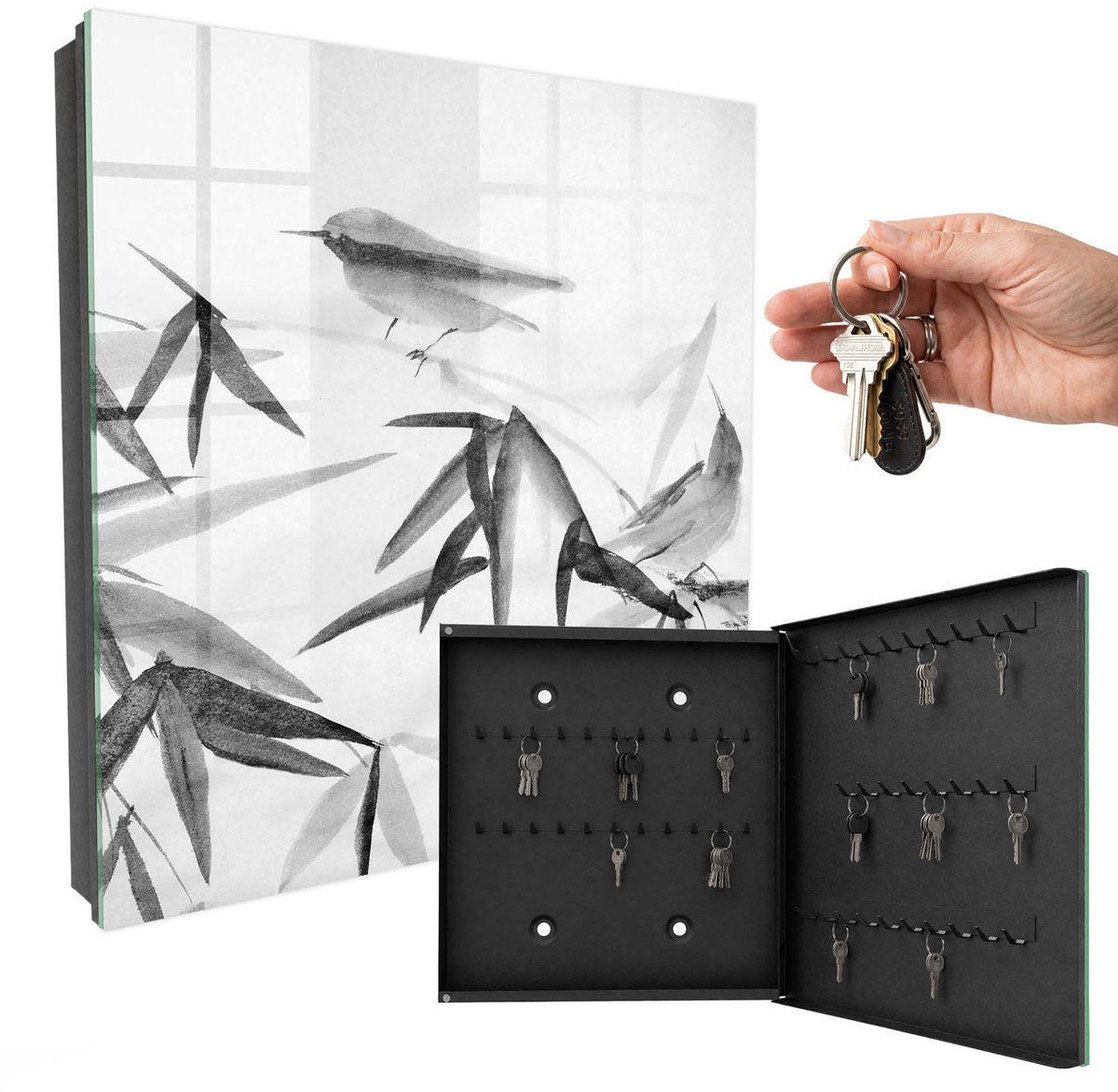 WallMuralia - Sleutelkast - 30x30x5 cm - met 50 haken - Bamboe Natuur Groot Sleutelkastje - Wit Sleutelbox - Rechtsopenend - Zwart interieur