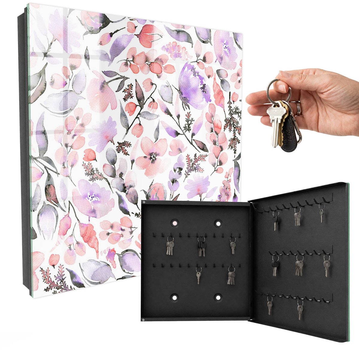 WallMuralia - Sleutelkast - 30x30x5 cm - met 50 haken - Pastelkleurige Bloemen Sleutelkastje Modern - Wit Sleutelbox - Rechtsopenend - Zwart interieur
