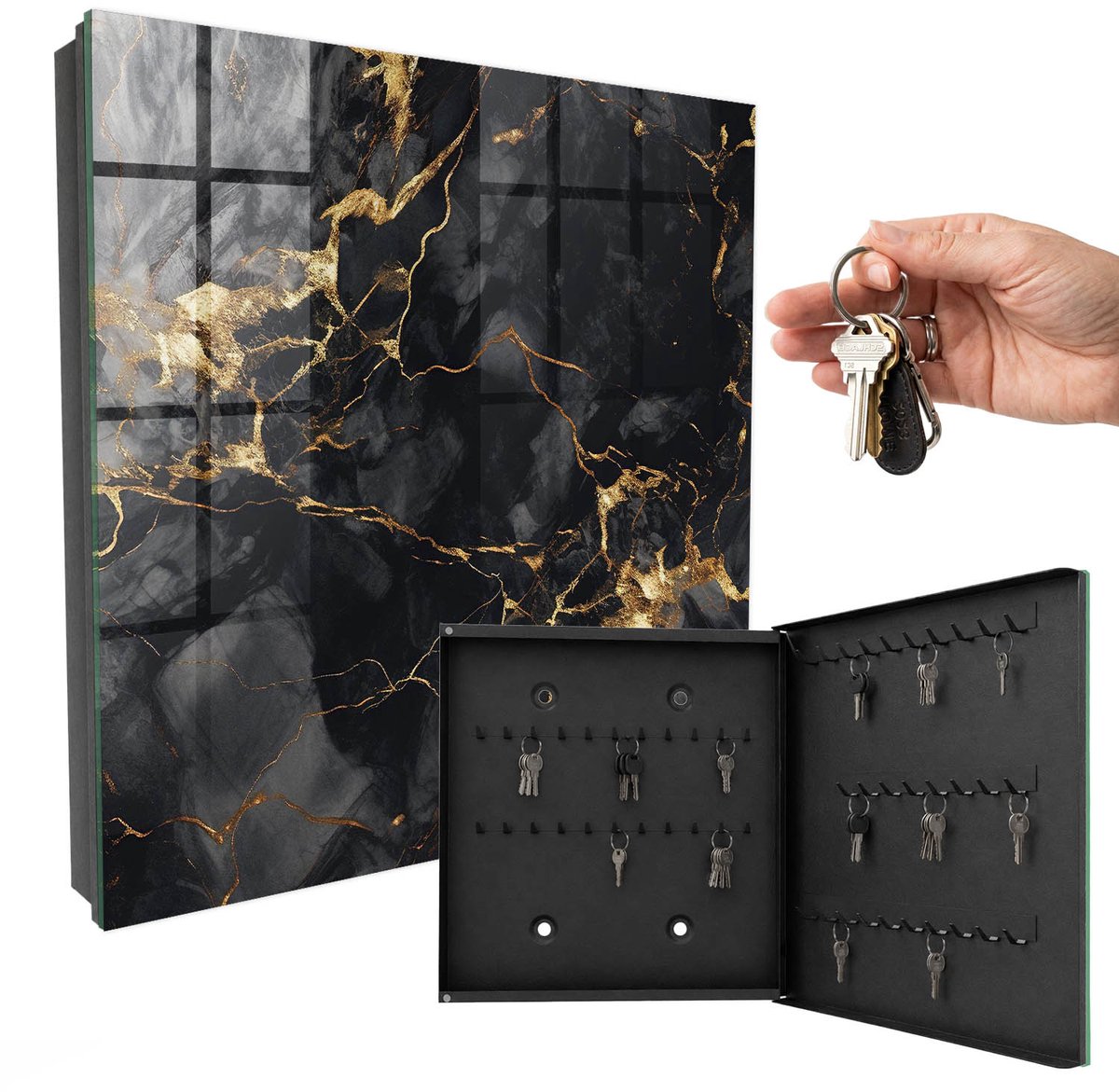 WallMuralia - Sleutelkast - 30x30x5 cm - met 50 haken - Zwart Marmer Design Sleutelkastje - Zwart Sleutelbox - Rechtsopenend - Zwart interieur