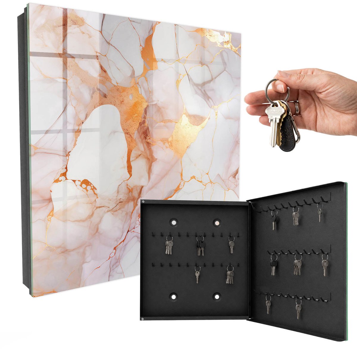 WallMuralia - Sleutelkast - 30x30x5 cm - met 50 haken - Marmeren Elegantie Leuk Sleutelkastje - Wit Sleutelbox - Rechtsopenend - Zwart interieur
