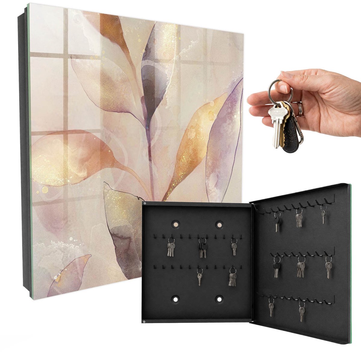 WallMuralia - Sleutelkast - 30x30x5 cm - met 50 haken - Pastelkleurige Bladeren Sleutelkastje Industrieel - Beige Sleutelbox - Rechtsopenend - Zwart interieur