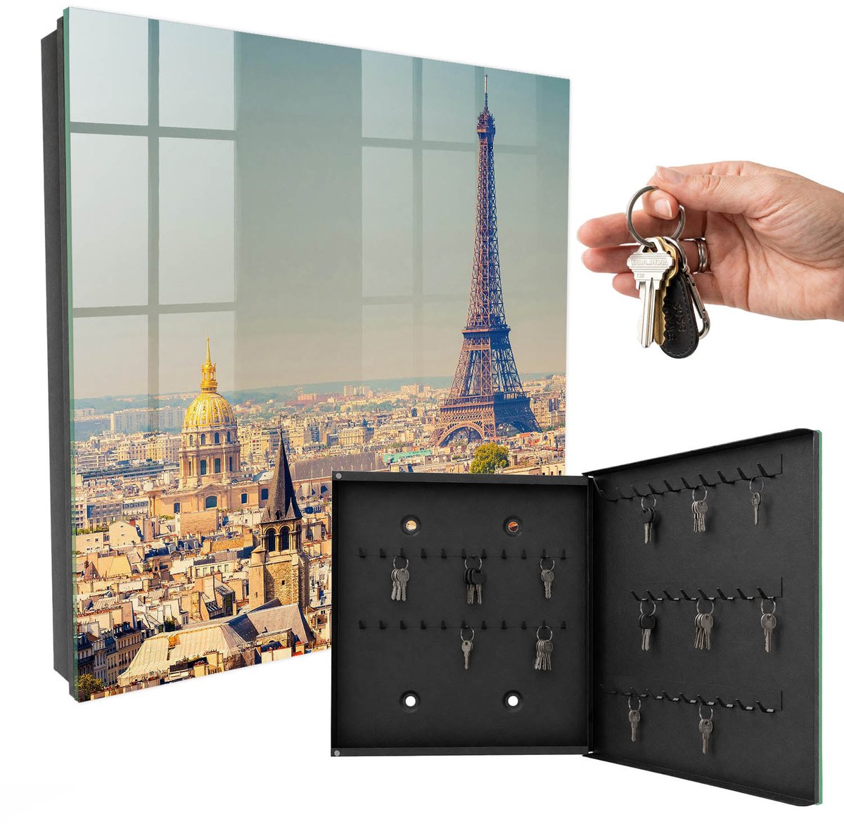 WallMuralia - Sleutelkast - 30x30x5 cm - met 50 haken - Stedelijk Landschap Leuk Sleutelkastje - Beige Sleutelbox - Rechtsopenend - Zwart interieur