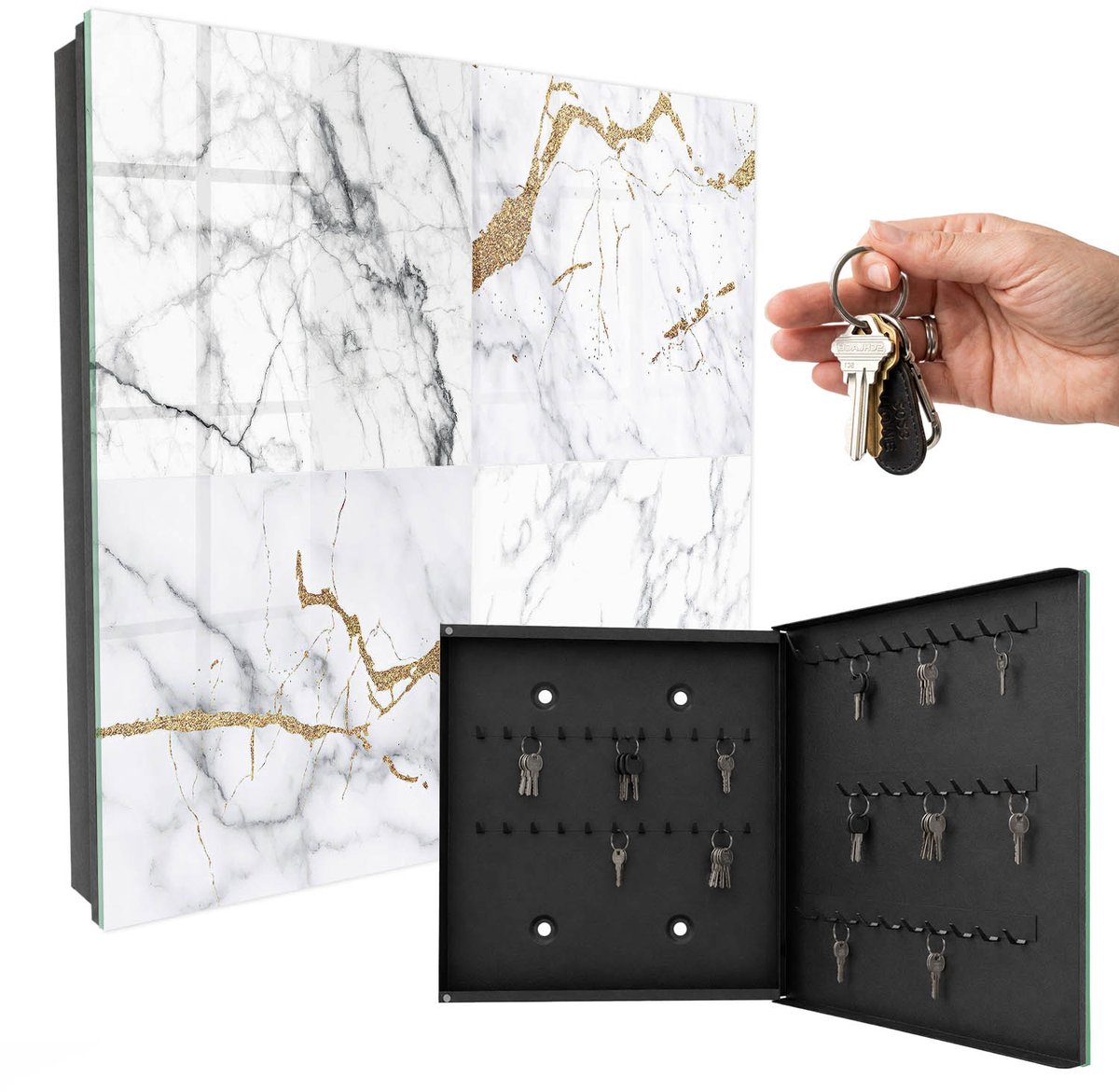 WallMuralia - Sleutelkast - 30x30x5 cm - met 50 haken - Marmerpatroon Sleutelkastje Huis - Wit Sleutelbox - Rechtsopenend - Zwart interieur