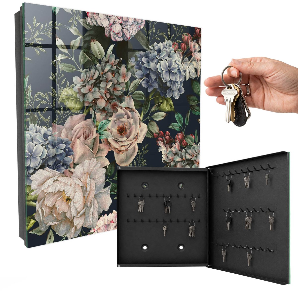WallMuralia - Sleutelkast - 30x30x5 cm - met 50 haken - Bloemenpatroon Sleutelkastje Hal - Groente Sleutelbox - Rechtsopenend - Zwart interieur