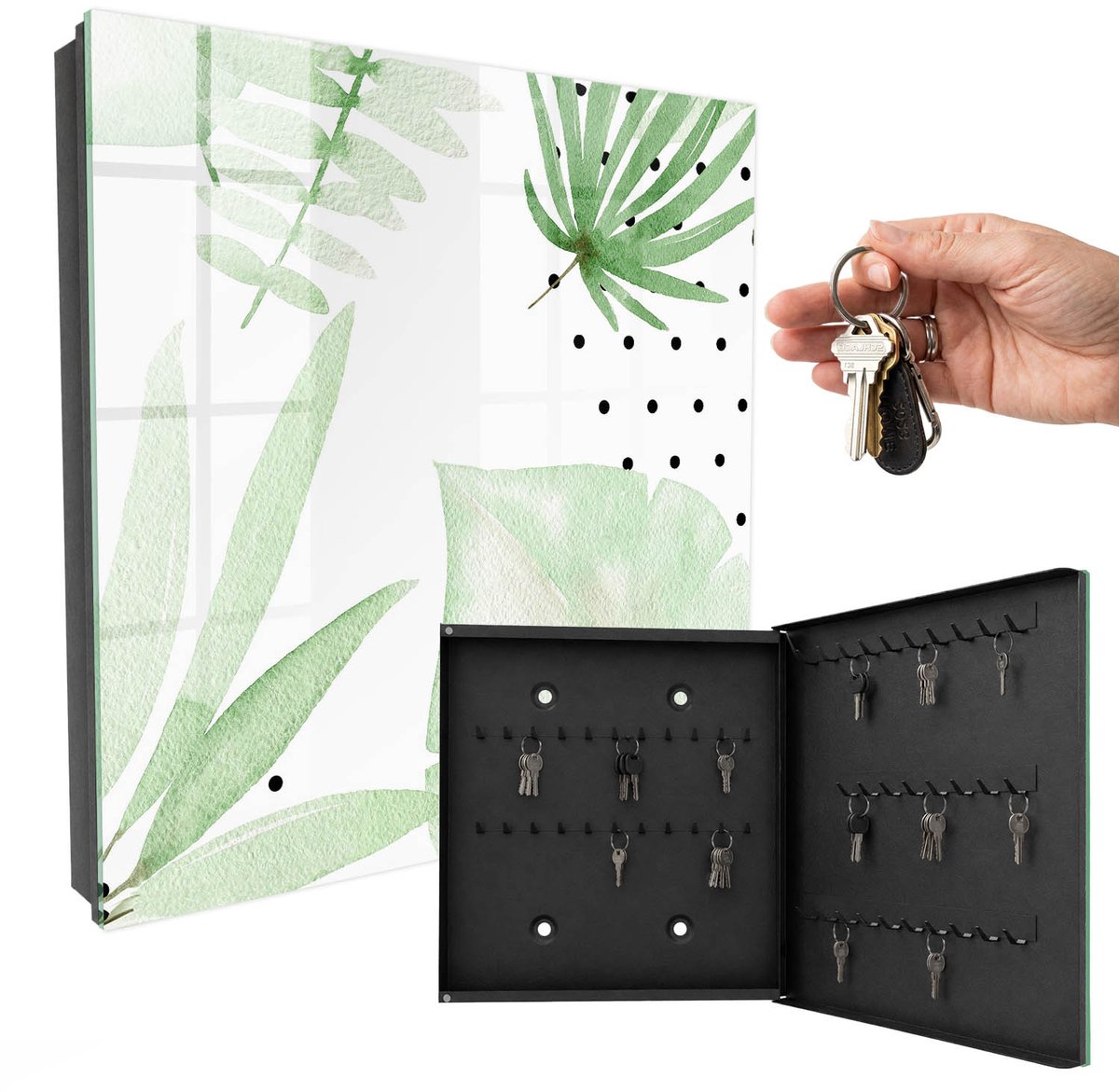 WallMuralia - Sleutelkast - 30x30x5 cm - met 50 haken - Groene Bladeren Sleutelkastje Hal - Wit Sleutelbox - Rechtsopenend - Zwart interieur