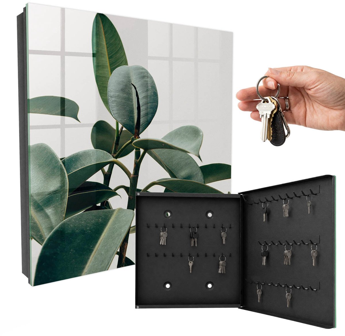 WallMuralia - Sleutelkast - 30x30x5 cm - met 50 haken - Ficusbladeren Sleutelkastje Design - Groente Sleutelbox - Rechtsopenend - Zwart interieur