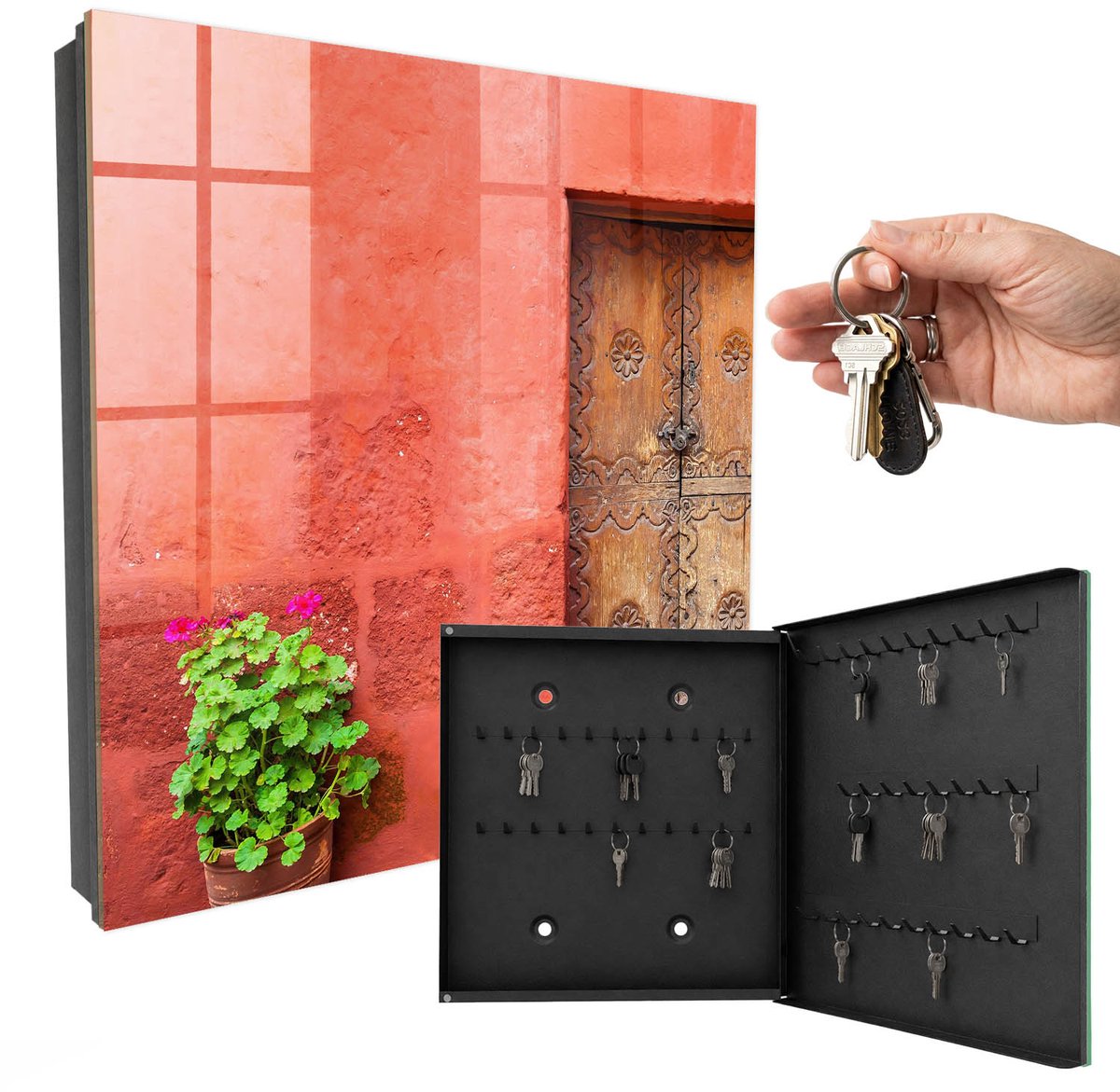 WallMuralia - Sleutelkast - 30x30x5 cm - met 50 haken - Rode Gevel Sleutelkastje Industrieel - Rood Sleutelbox - Rechtsopenend - Zwart interieur