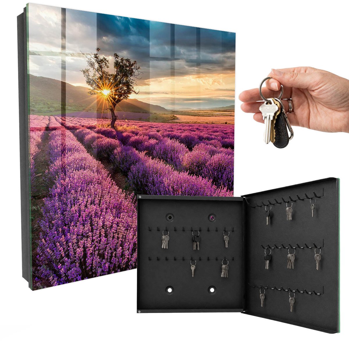 WallMuralia - Sleutelkast - 30x30x5 cm - met 50 haken - Lavendelzonsondergang Sleutelkastje - Paars Sleutelbox - Rechtsopenend - Zwart interieur