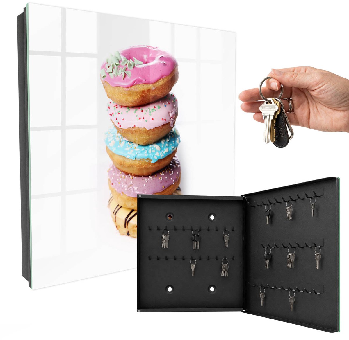 WallMuralia - Sleutelkast - 30x30x5 cm - met 50 haken - Kleurrijke Donuts Sleutelkastje Industrieel - Roze Sleutelbox - Rechtsopenend - Zwart interieur