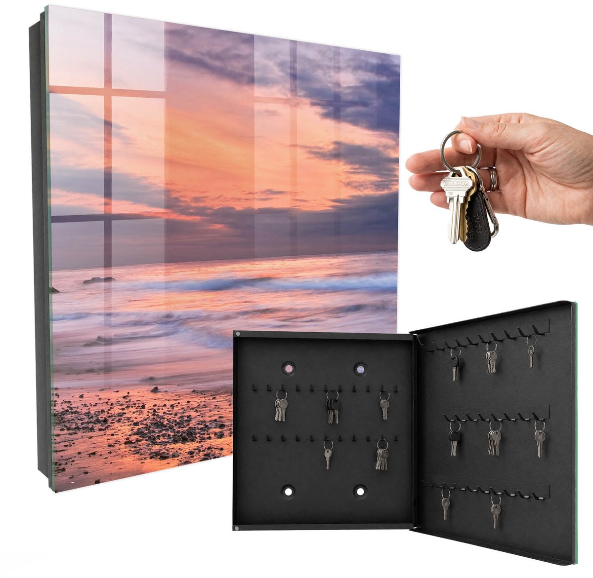 WallMuralia - Sleutelkast - 30x30x5 cm - met 50 haken - Zonsondergang Leuk Sleutelkastje - Roze Sleutelbox - Rechtsopenend - Zwart interieur