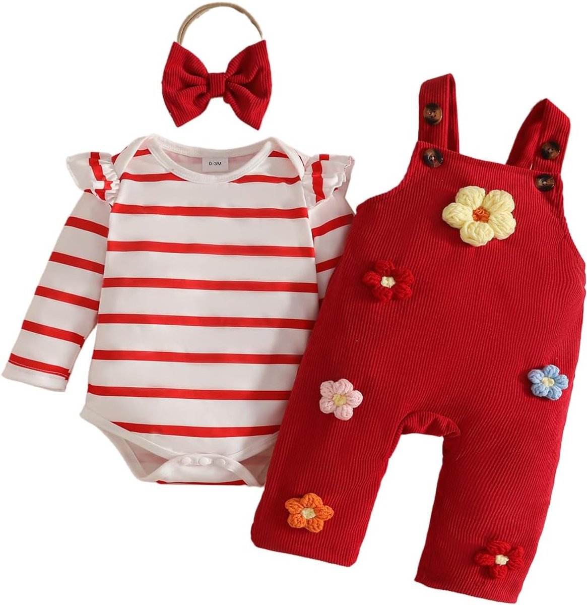 Babykleding voor meisjes, herfst, schattig, bedrukt, liefde, romper, top + cartoon-beer, tuinbroek, hoofdband, 3-delige set, 0-18 maanden