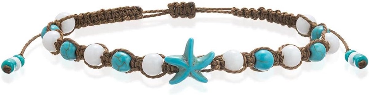 dames zeester enkelketting, turquoise en wit, gevlochten hars en