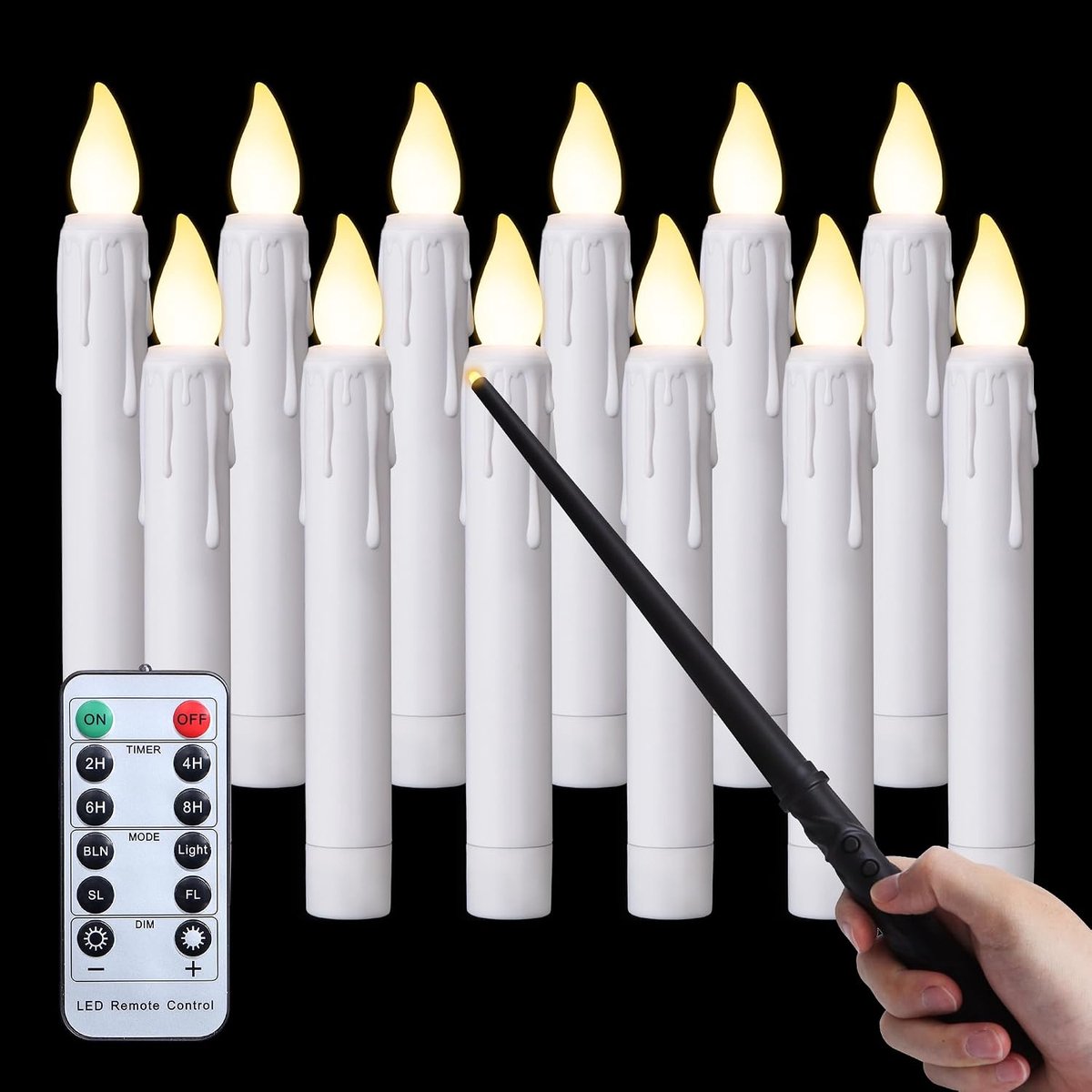 12 witte zwevende LED-kaarsen met toverstok - afstandsbediening en