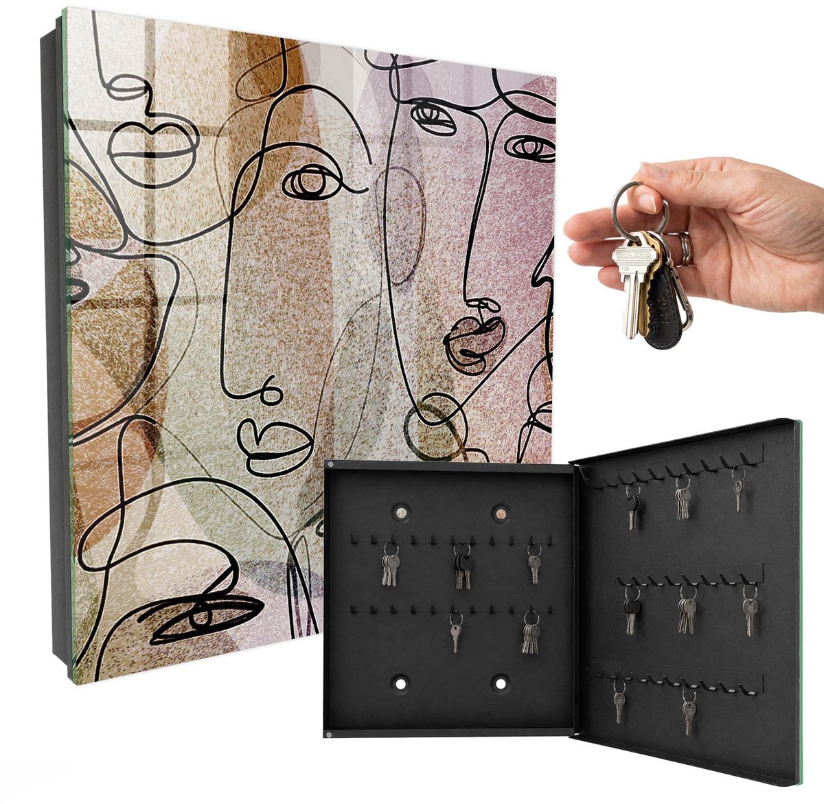 WallMuralia - Sleutelkast - 30x30x5 cm - met 50 haken - Lijntekening Sleutelkastje Klein - Beige Sleutelbox - Rechtsopenend - Zwart interieur