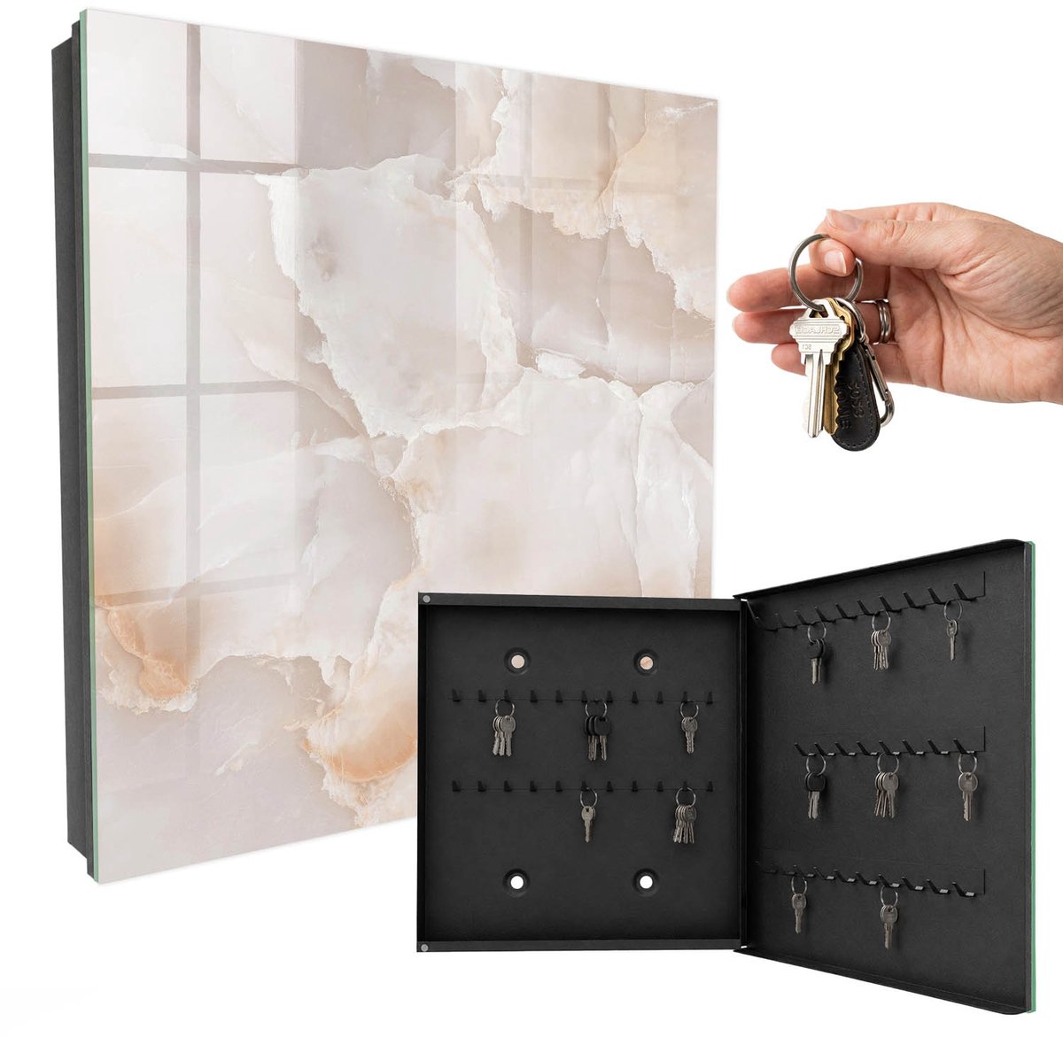 WallMuralia - Sleutelkast - 30x30x5 cm - met 50 haken - Een Subtiele Steen Sleutelkastje Voor Binnen - Beige Sleutelbox - Rechtsopenend - Zwart interieur