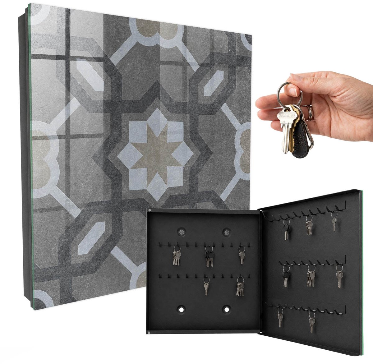 WallMuralia - Sleutelkast - 30x30x5 cm - met 50 haken - Geometrische Elegantie Sleutelkastje Voor Binnen - Grijs Sleutelbox - Rechtsopenend - Zwart interieur
