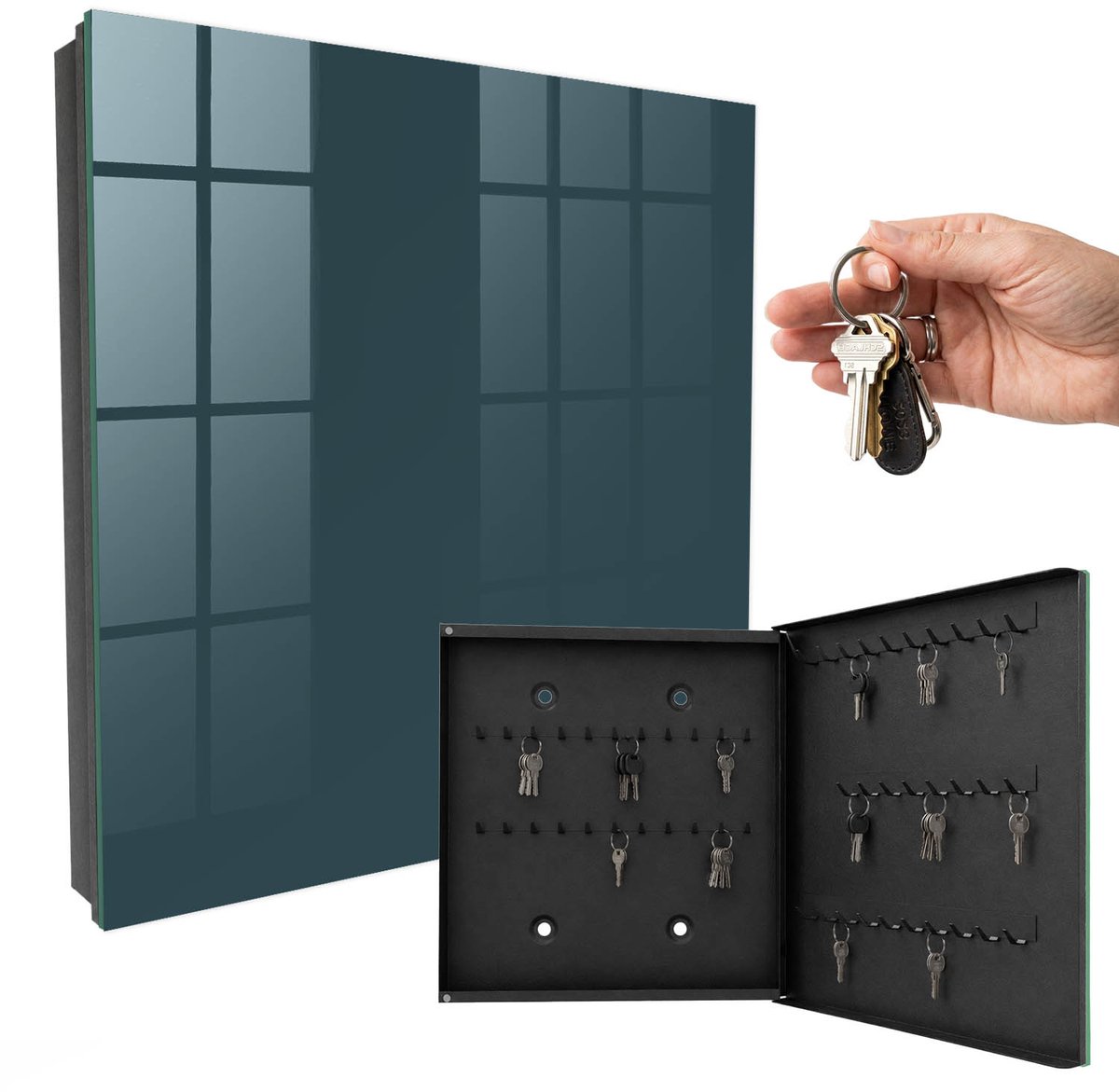 WallMuralia - Sleutelkast - 30x30x5 cm - met 50 haken - Turkoois Sleutelkastje Gang - Turkoois Sleutelbox - Rechtsopenend - Zwart interieur
