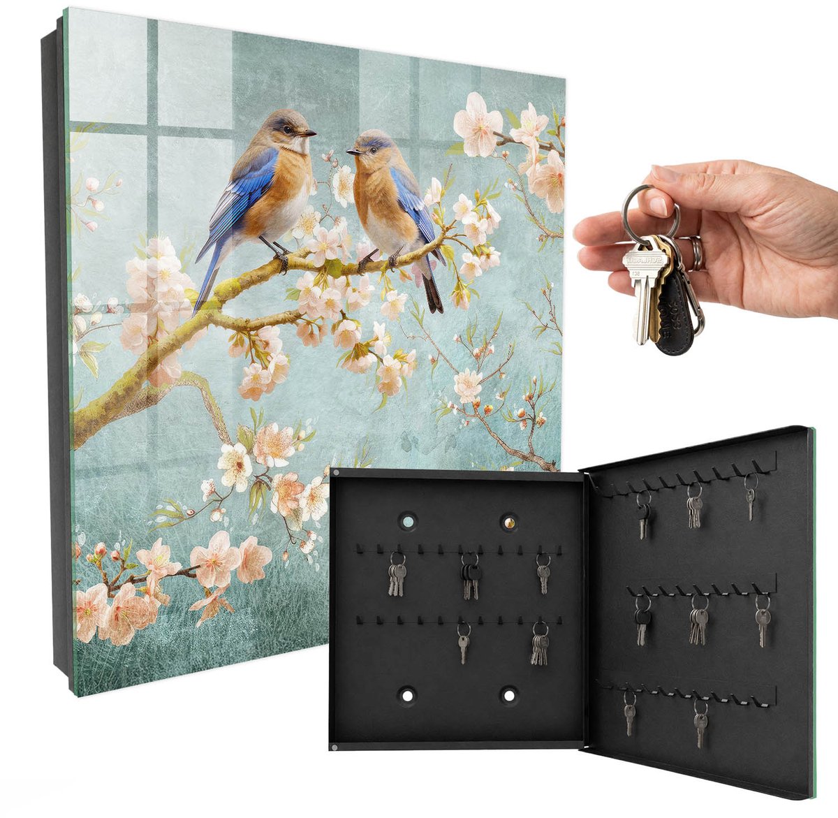 WallMuralia - Sleutelkast - 30x30x5 cm - met 50 haken - Lentetafereel Sleutelkastje Klein - Blauw Sleutelbox - Rechtsopenend - Zwart interieur
